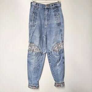 Ladies Manisha Sz 7 Jeans Faded Blue Tapered Leg Floral Cuffs Knees 80s Grunge